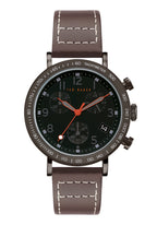 Watsh Cronograff i Ddynion Ted Baker gyda Deial Du a Strap Brown BKPMRF902