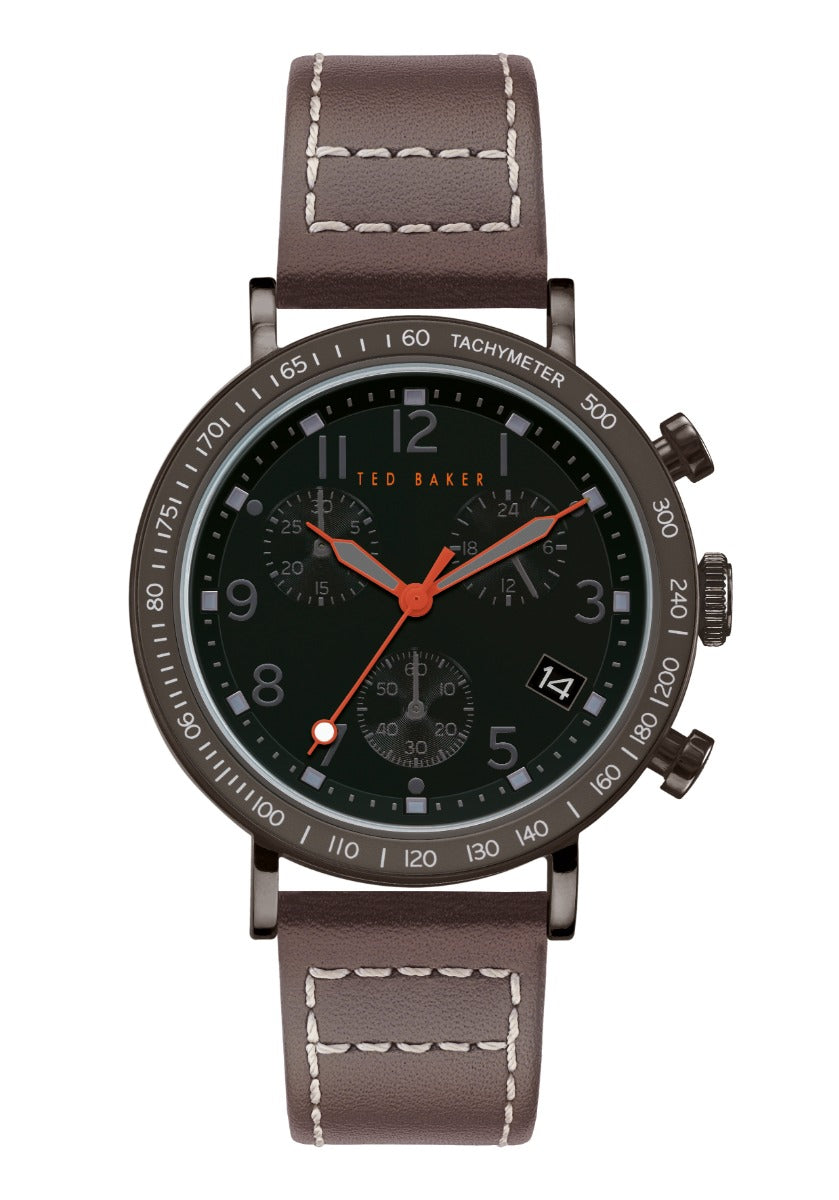 Watsh Cronograff i Ddynion Ted Baker gyda Deial Du a Strap Brown BKPMRF902