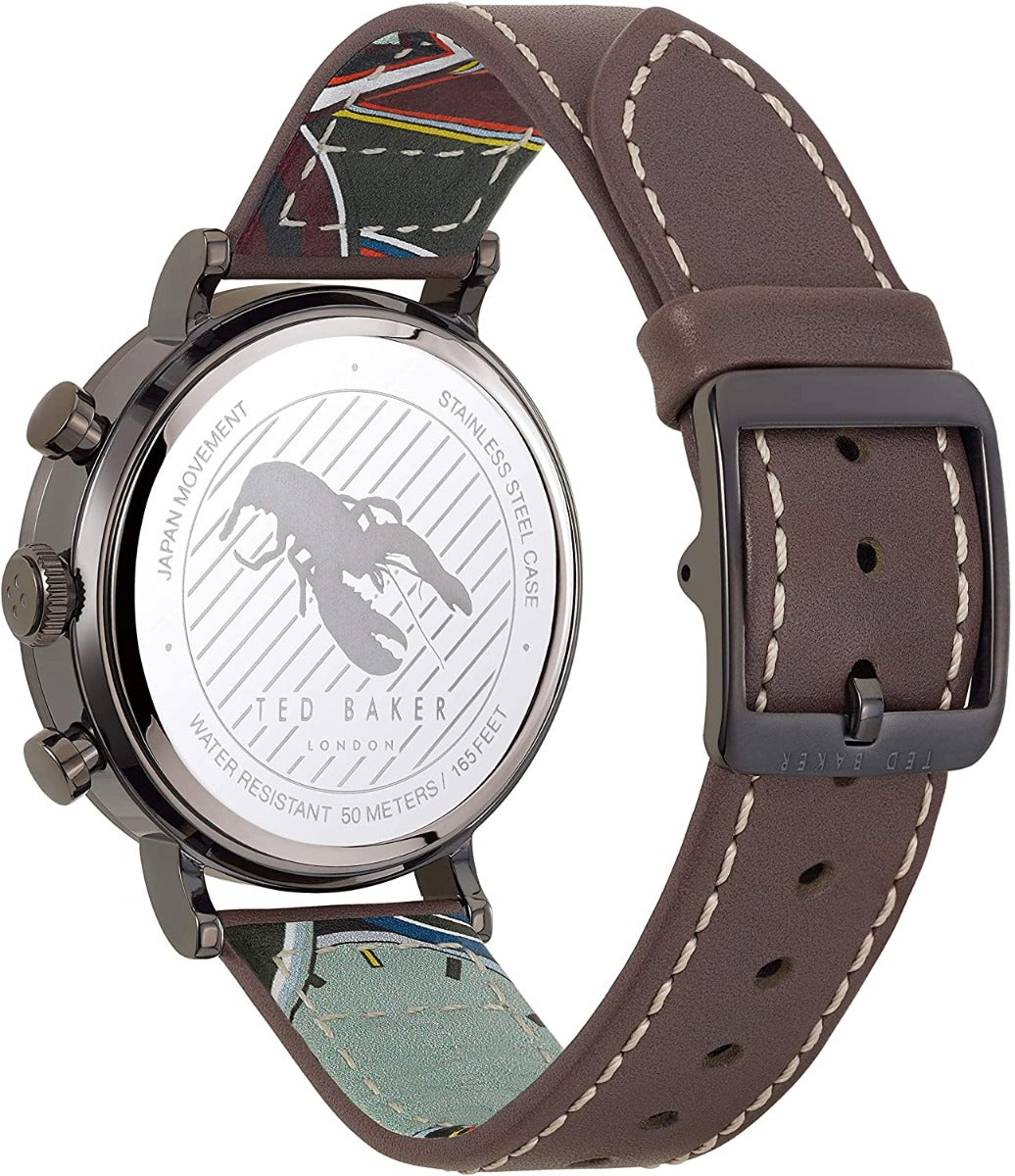 Watsh Cronograff i Ddynion Ted Baker gyda Deial Du a Strap Brown BKPMRF902