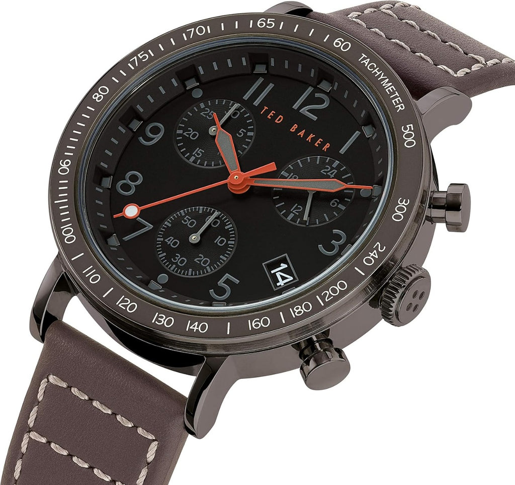 Watsh Cronograff i Ddynion Ted Baker gyda Deial Du a Strap Brown BKPMRF902