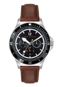 Gwylfa Dynion Ted Baker gyda Deial Du a Strap Lledr Brown BKPNTF004