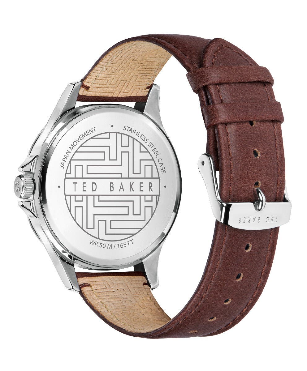 Gwylfa Dynion Ted Baker gyda Deial Du a Strap Lledr Brown BKPNTF004