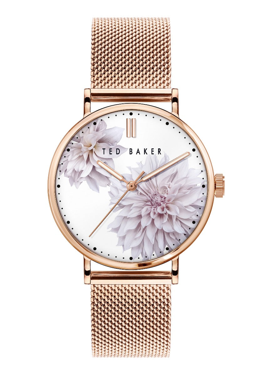 Ffrog Nadolig i Ferched Ted Baker gyda Deial Blodau Leilog a Strap Milanese Aur Rosyn BKPPHF010