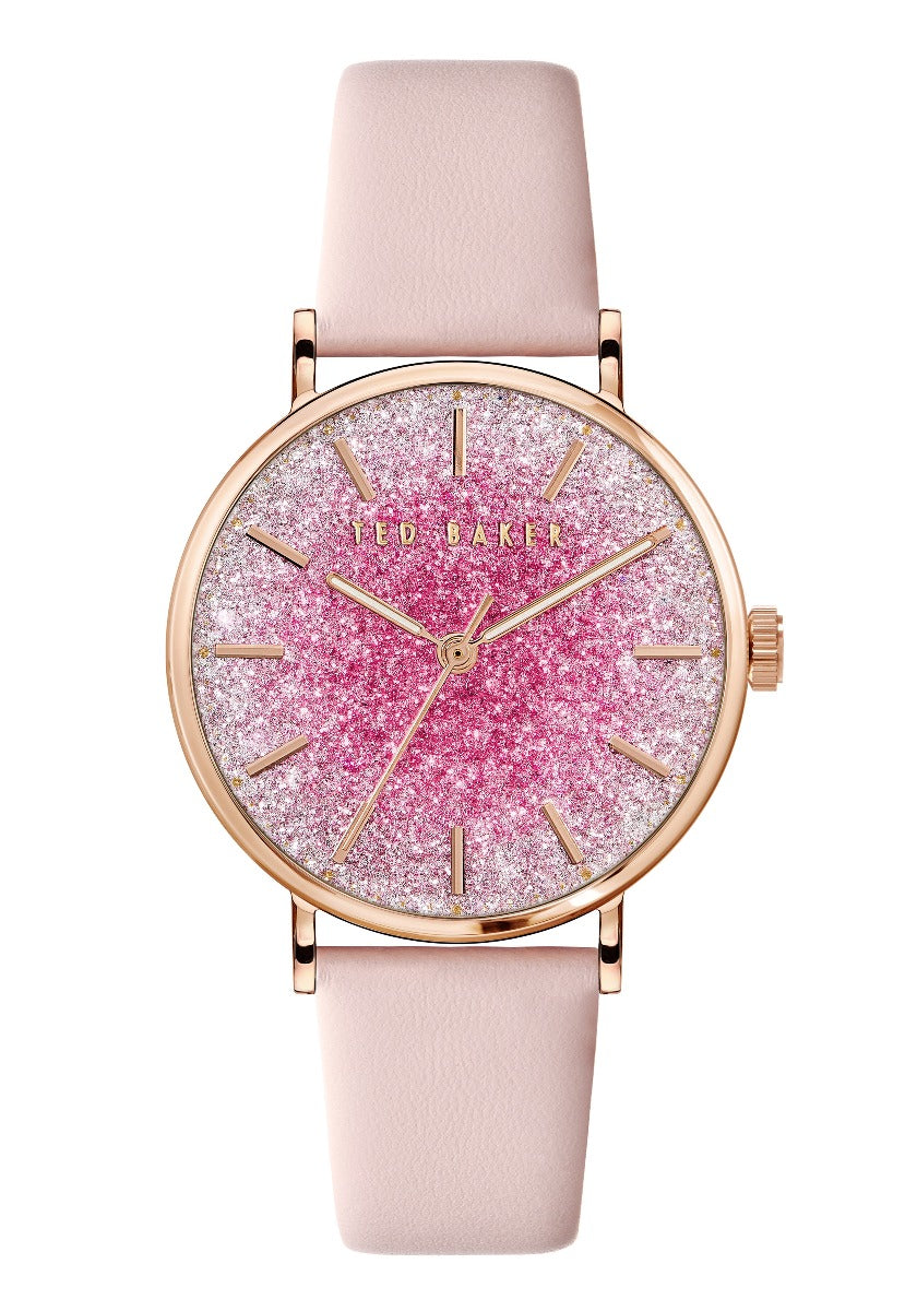 Cloc Menywod Ted Baker gyda Deial Glitter Pinc a Strap Ledr Pinc BKPPHS136