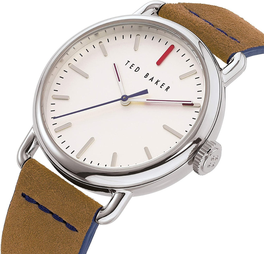 Gwylio Dynion Ted Baker Tomcoll gyda Deial Gwyn a Strap Brown BKPTMF905