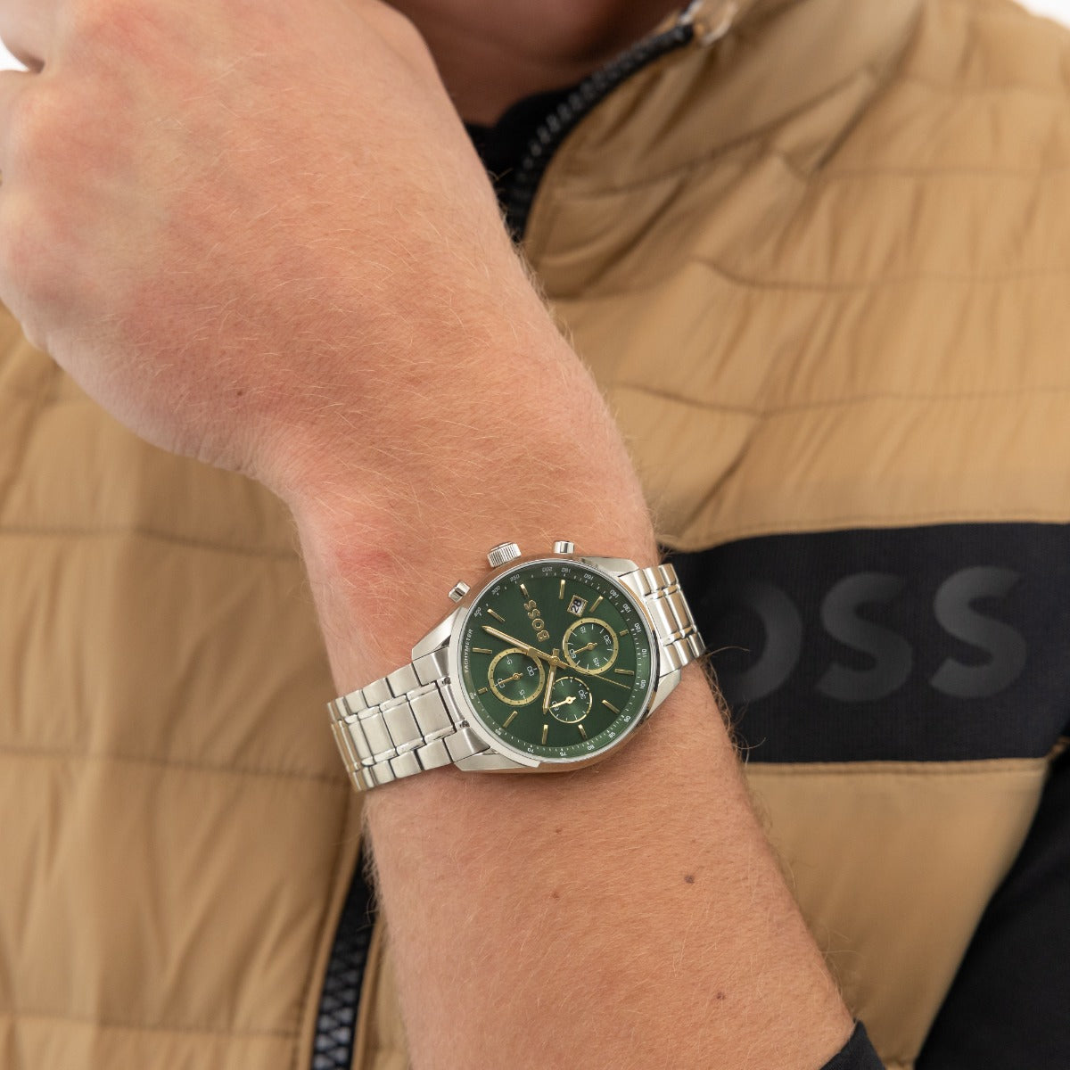 Boss Grand Prix 44 Mens Watch with Green Dial and Silver Strap 1514266