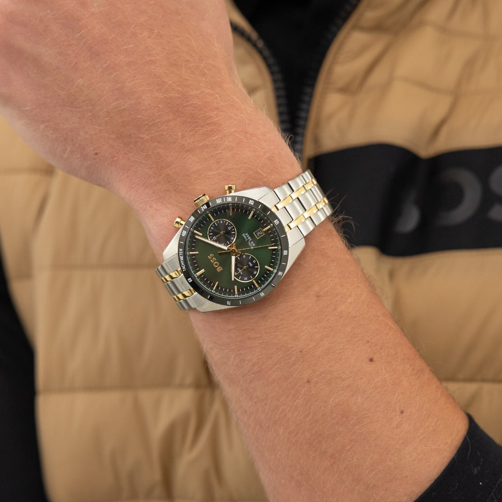 Boss Tourmaster Mens Watch with Green Dial and Two Tone Strap 1514287