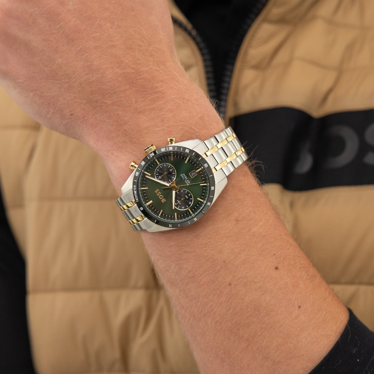 Boss Tourmaster Mens Watch with Green Dial and Two Tone Strap 1514287