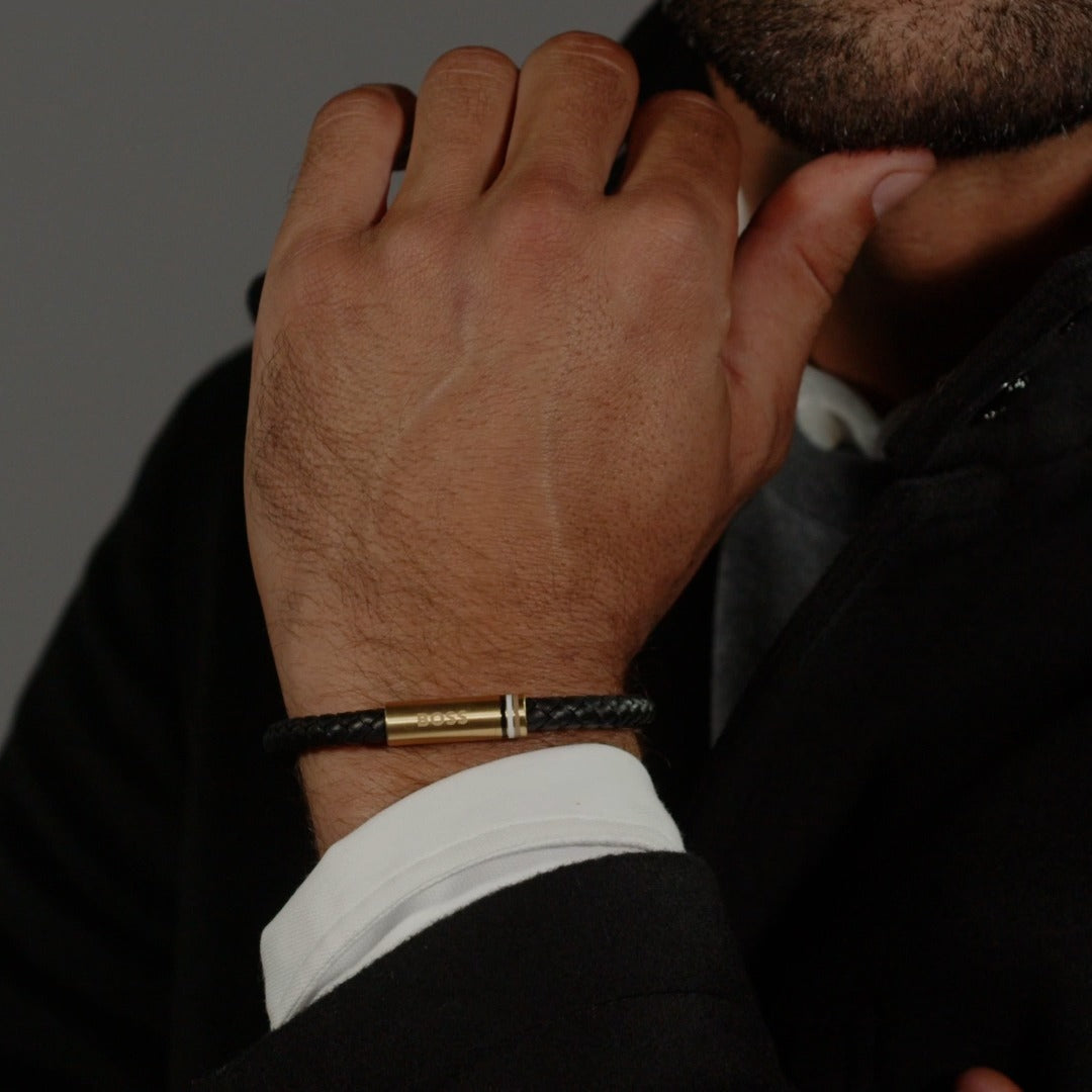 BOSS Men's Black Ares Single Leather Bracelet 1580624