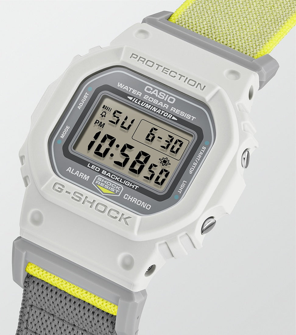 Casio G-Shock Mens Digital Watch with White Dial and Yellow FIDLOCK Strap DW-5600MNC-7A8ER