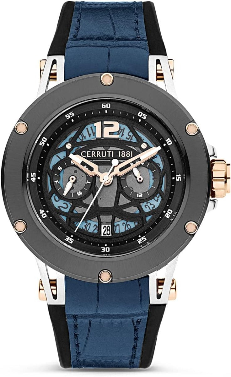 Cerruti 1881 Razzuolo Gwylio Awtomatig i Ddynion gyda Strap Silicon Glas a Lledr CIWGQ2224802