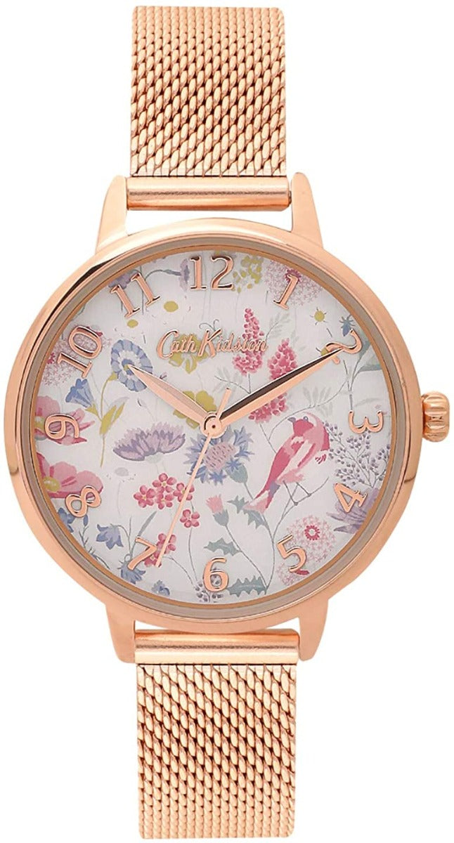 Cloc Menywod Cath Kidston gyda Strap Aur Rhosyn a Deial Gwyn CKL051RGM