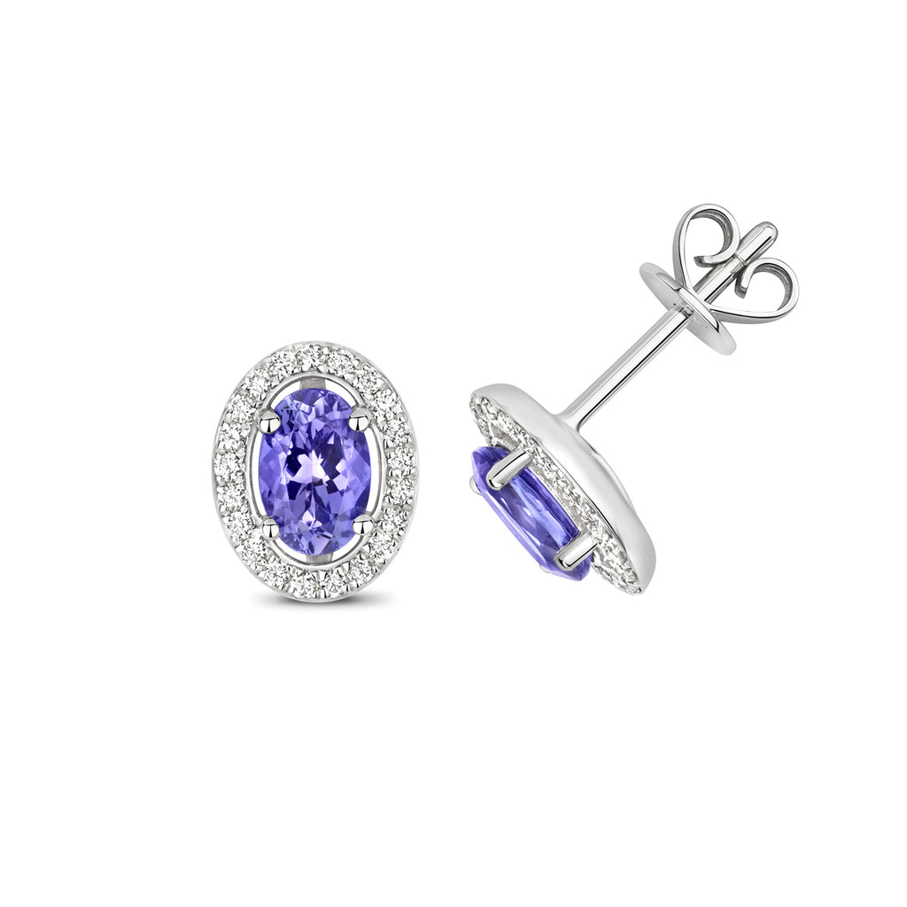 Clustdlysau Tansanit a Diemwnt Aur Gwyn 9ct 0.950+0.180CT