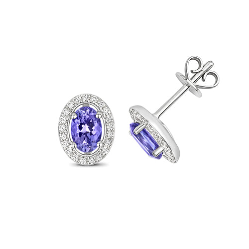 Clustdlysau Tansanit a Diemwnt Aur Gwyn 9ct 0.950+0.180CT