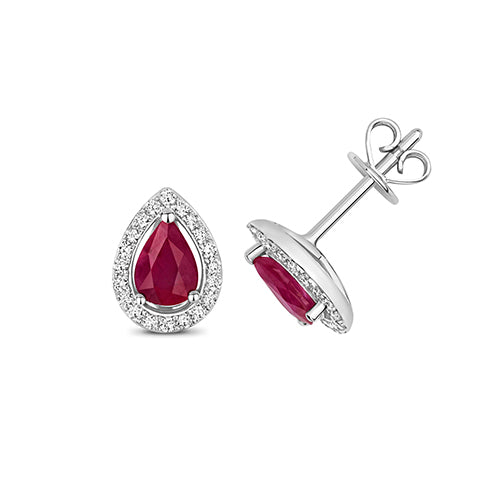 Clustdlysau Aur Gwyn 9ct gyda Rhuddem a Diemwnt 0.960+0.170CT