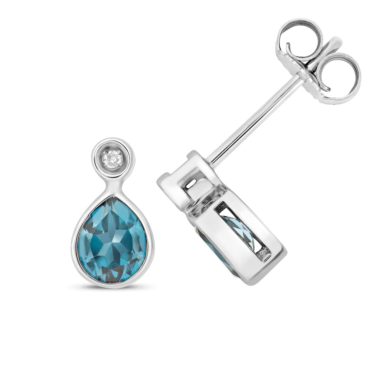 9ct White Gold Blue Topaz and Diamond Earrings 0.770+0.010CT