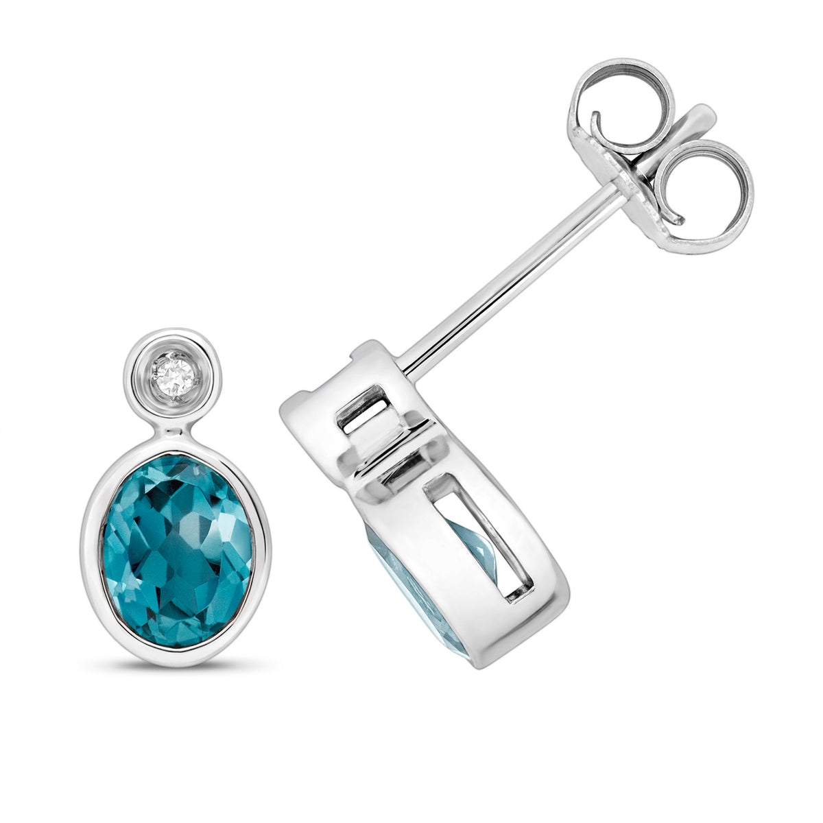 9ct White Gold Blue Topaz and Diamond Earrings 0.780+0.010CT