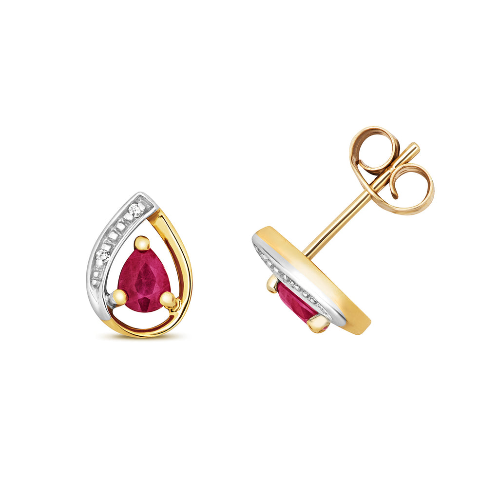 Clustdlysau Ruby a Diemwnt Aur Melyn 9ct 0.330+0.010CT