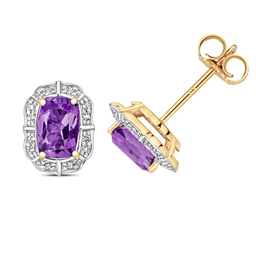 9ct Yellow Gold Amethyst and Diamond Earrings 0.840+0.070CT