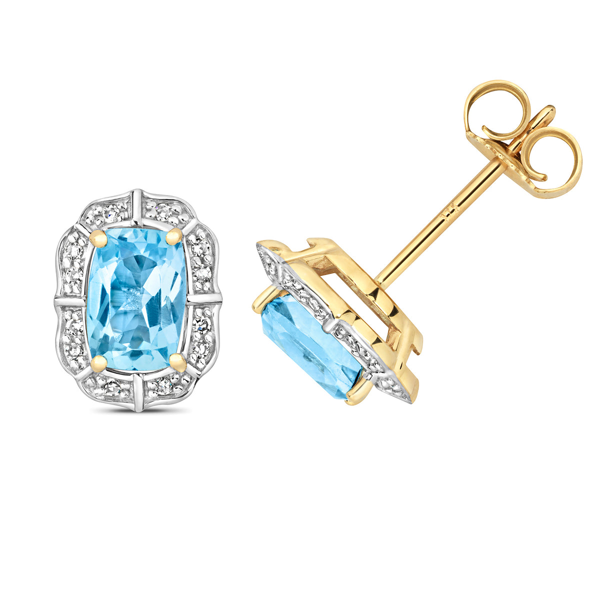 9ct Yellow Gold Blue Topaz and Diamond Earrings 1.160+0.070CT