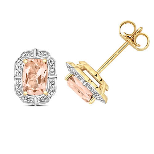 9ct Yellow Gold Morganite and Diamond Earrings 1.010+0.070CT