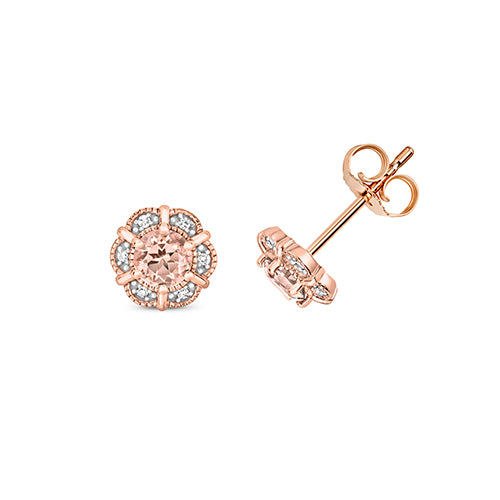 Clustdlysau Morganit a Diemwnt Rhos Aur 9ct 0.7CT