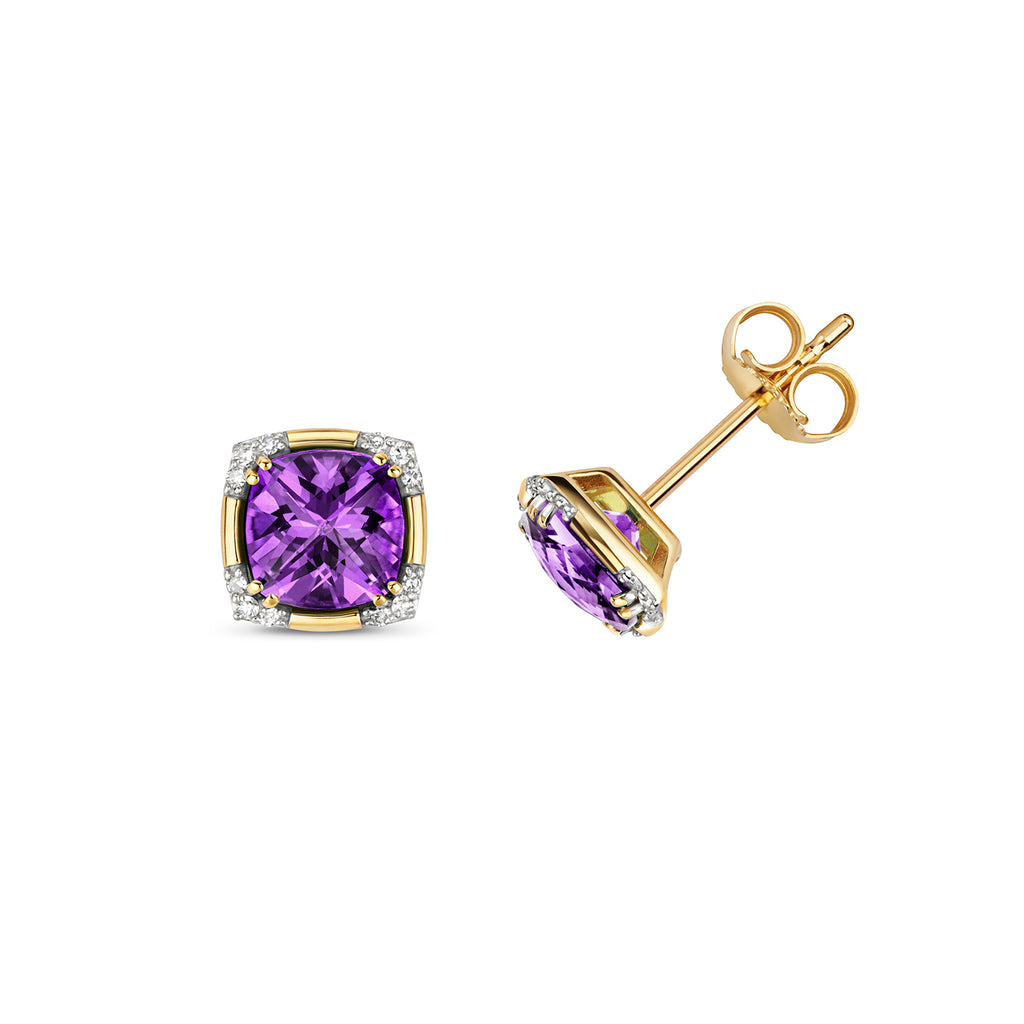 9ct Yellow Gold Amethyst and Diamond Earrings 1.640+0.060CT