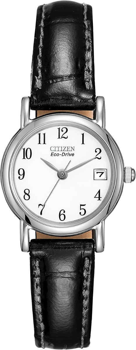 Citizen Ladies Eco-Drive Watch with White Dial and Black Leather Strap EW1270-06A