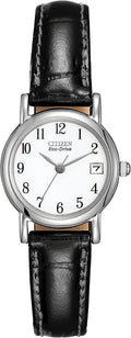 Citizen Ladies Eco-Drive Watch with White Dial and Black Leather Strap EW1270-06A