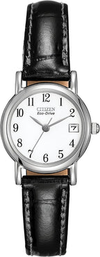 Citizen Ladies Eco-Drive Watch with White Dial and Black Leather Strap EW1270-06A