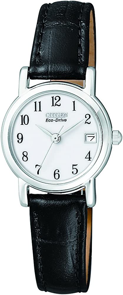 Citizen Ladies Eco-Drive Watch with White Dial and Black Leather Strap EW1270-06A