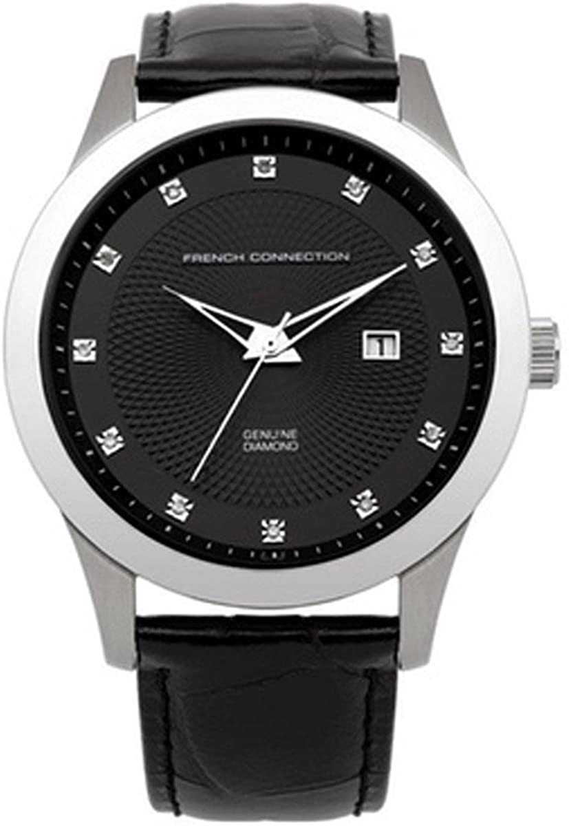 Gwylio Dynion French Connection gyda Deial Du a Strap Lledr Du FC1135B