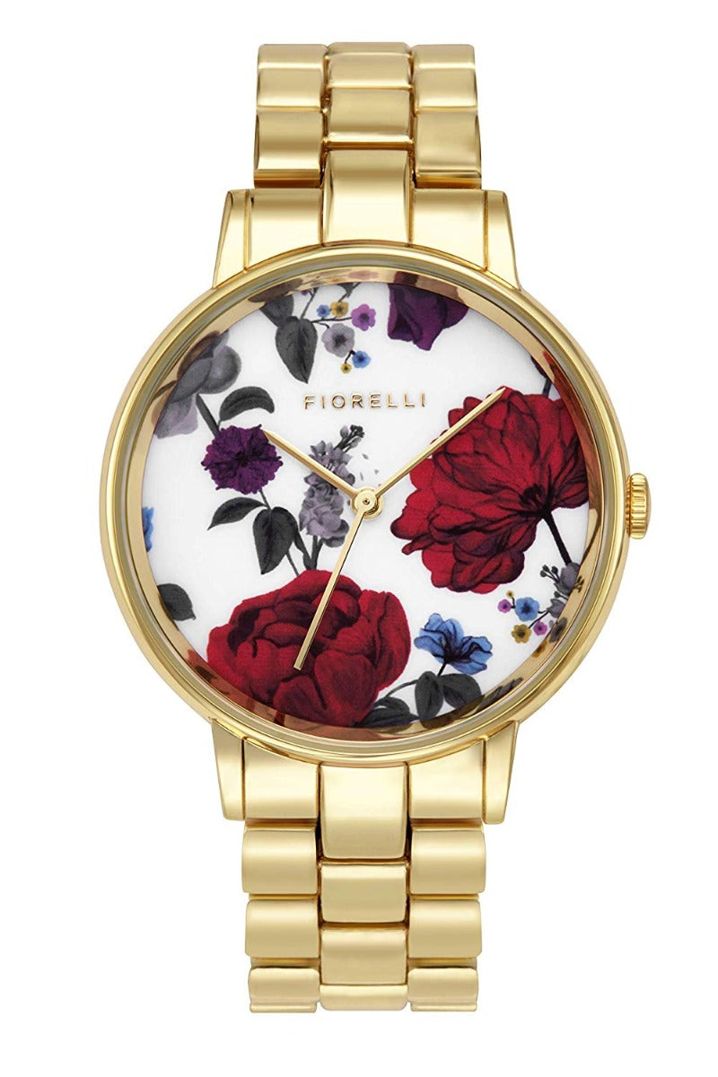 Fiorelli Ladies Analogue Floral Dial Watch with Gold Stainless Steel Strap FO043GM