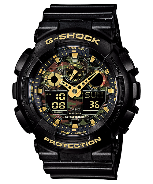 Gwylio Analogaidd-Digidol i Ddynion Casio G-Shock gydag Wyneb Camo a Strap Du GA-100CF-1A9ER