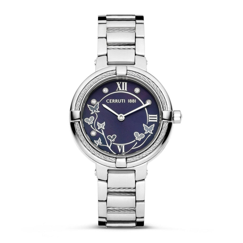 Cerruti, Cloc Menywod gydag Wyneb Glas a Breichled Arian CIWLG0008304