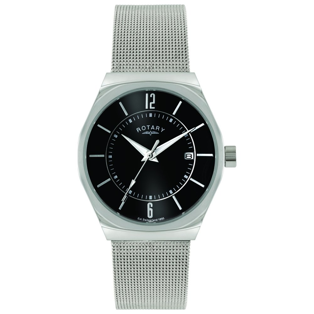 Rotary Men's Slimline Black Dial Stainless Steel Mesh Strap Watch GB00033/19