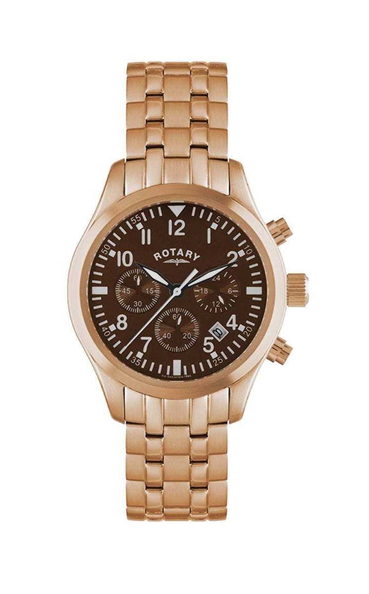 Rotary Mens Chronograph Watch with Brown Dial and Rose Gold Bracelet GB00109/16/B