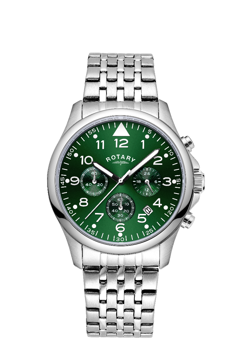 Rotary Mens Chronograph Watch with Green Dial and Stainless Bracelet GB00475/56