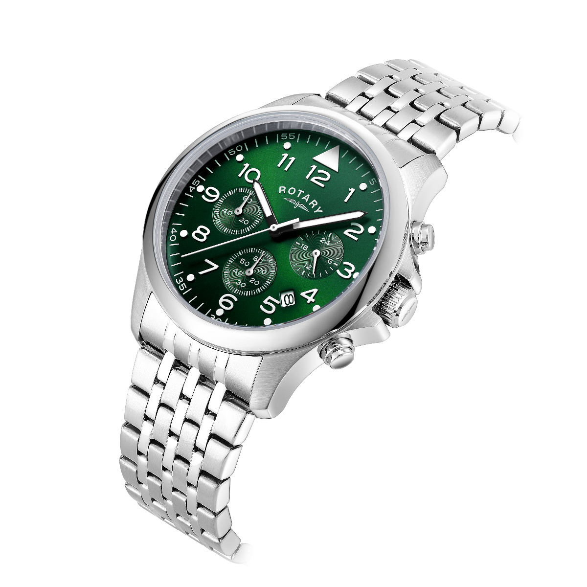 Rotary Mens Chronograph Watch with Green Dial and Stainless Bracelet GB00475/56