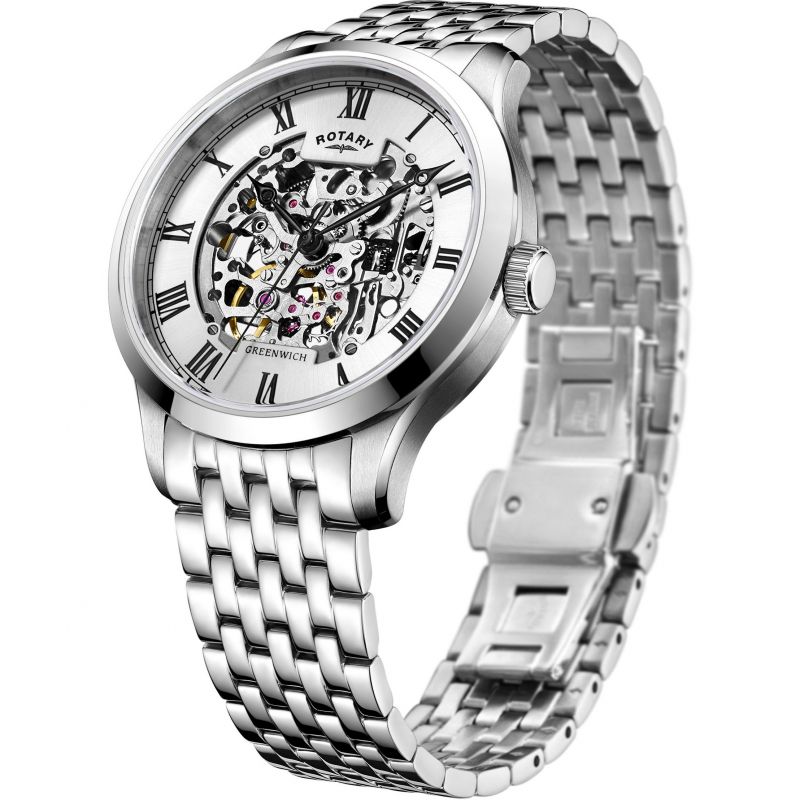 Cloc Awtomatig Dynion Rotary Greenwich gyda Deial Sgerbwd Arian GB02940/06