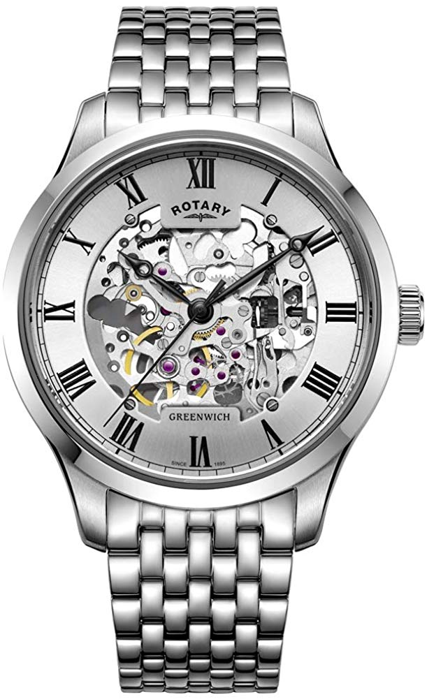 Cloc Awtomatig Dynion Rotary Greenwich gyda Deial Sgerbwd Arian GB02940/06