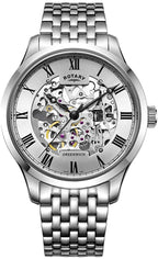 Cloc Awtomatig Dynion Rotary Greenwich gyda Deial Sgerbwd Arian GB02940/06
