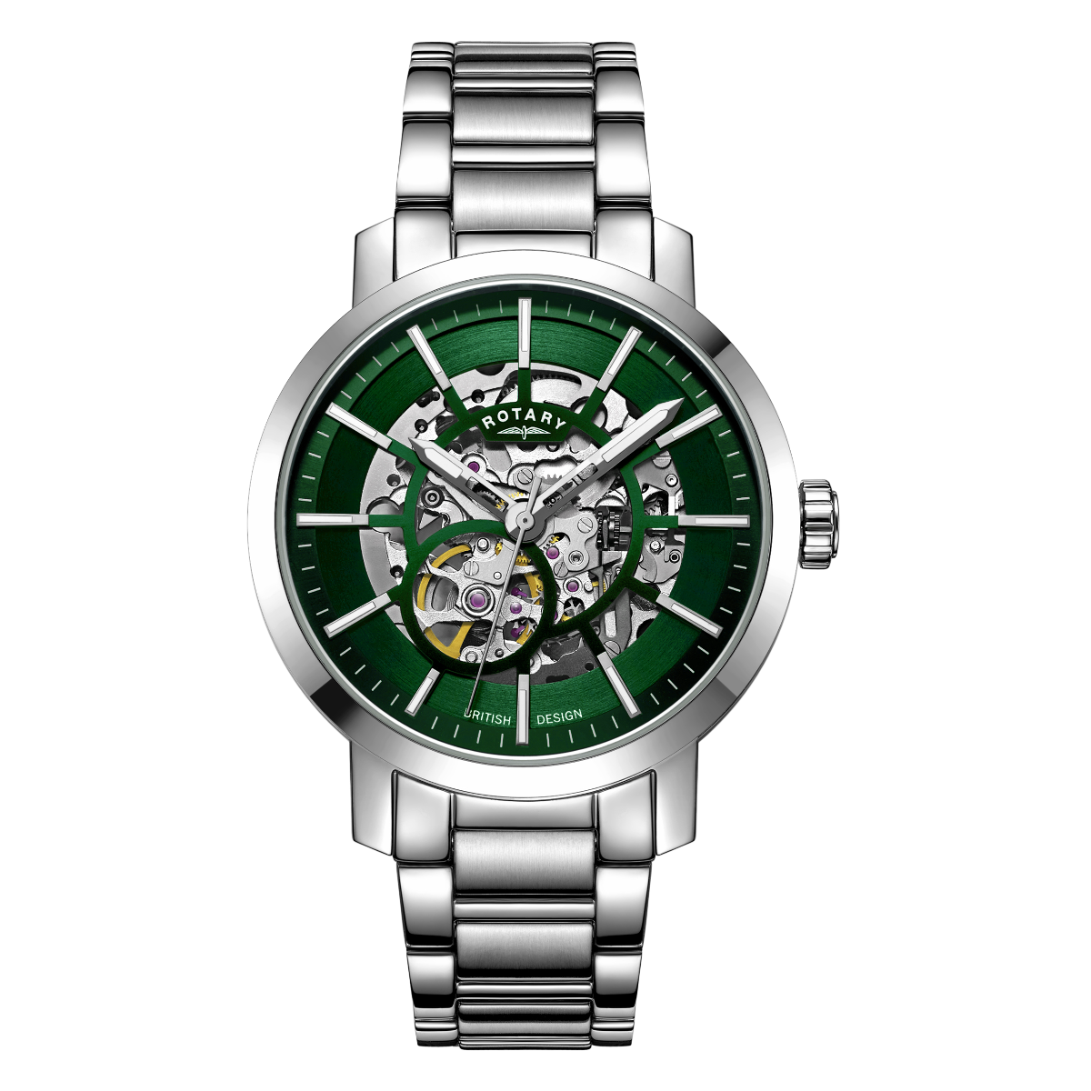 Cloc Awtomatig Dynion Rotary Greenwich gyda Deial Sgerbwd Gwyrdd a Breichled Dur Di-staen GB05350/24