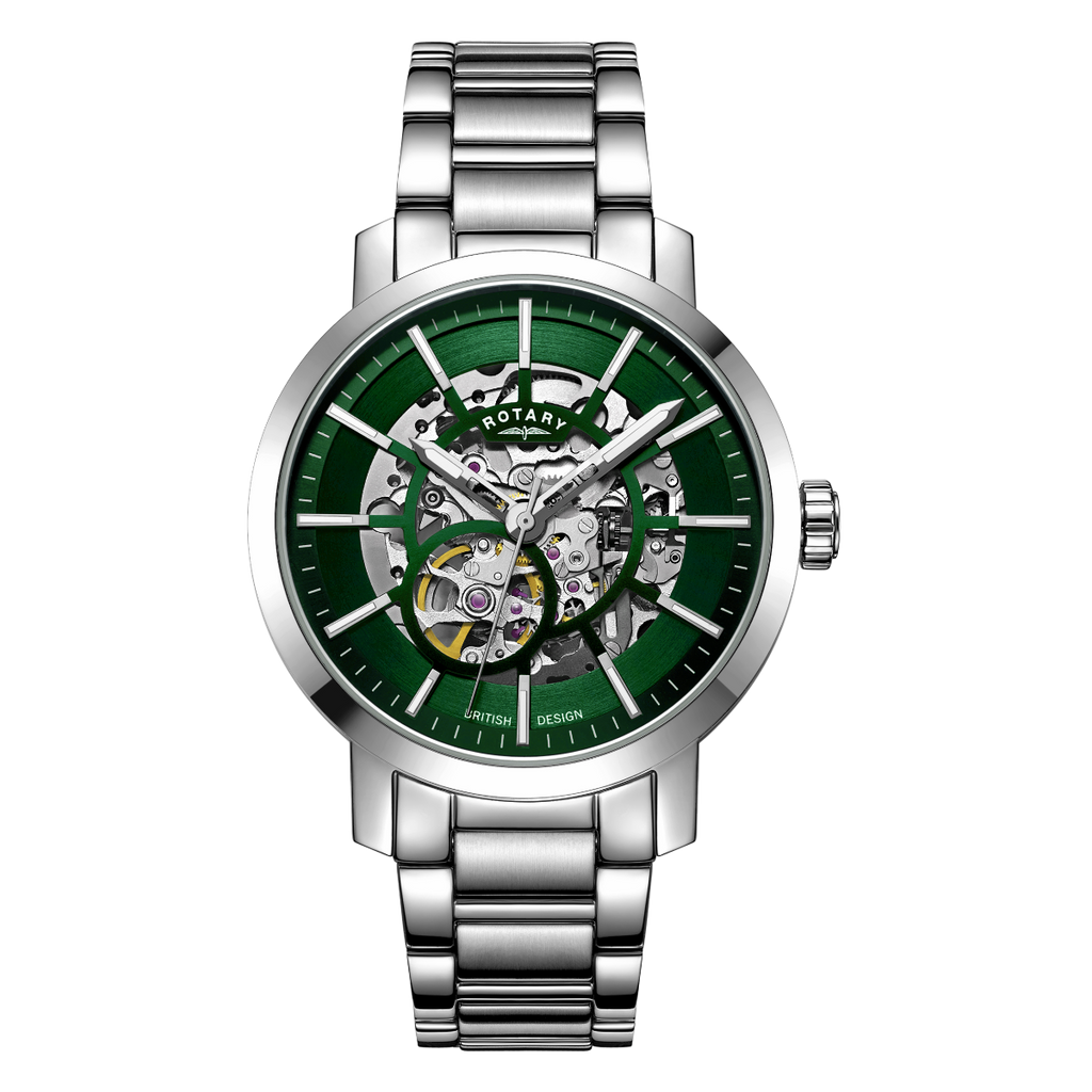Cloc Awtomatig Dynion Rotary Greenwich gyda Deial Sgerbwd Gwyrdd a Breichled Dur Di-staen GB05350/24