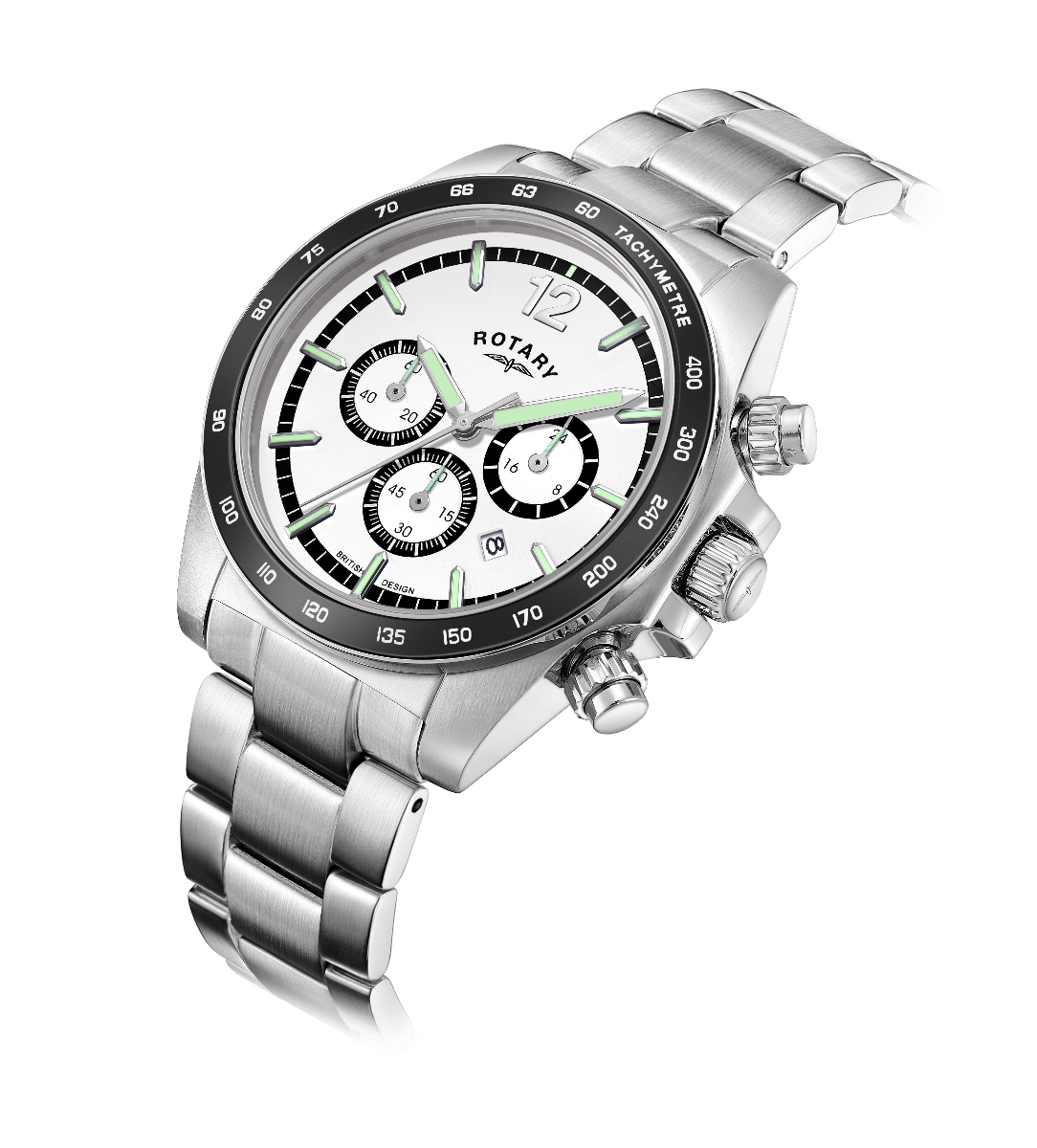 Rotary Mens Henley Chronograph Watch with White Dial & Silver Bracelet GB05440/02
