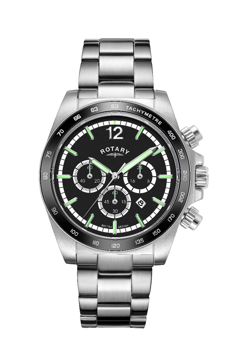 Rotary Mens Henley Chronograph Watch with Black Dial & Silver Bracelet GB05440/04