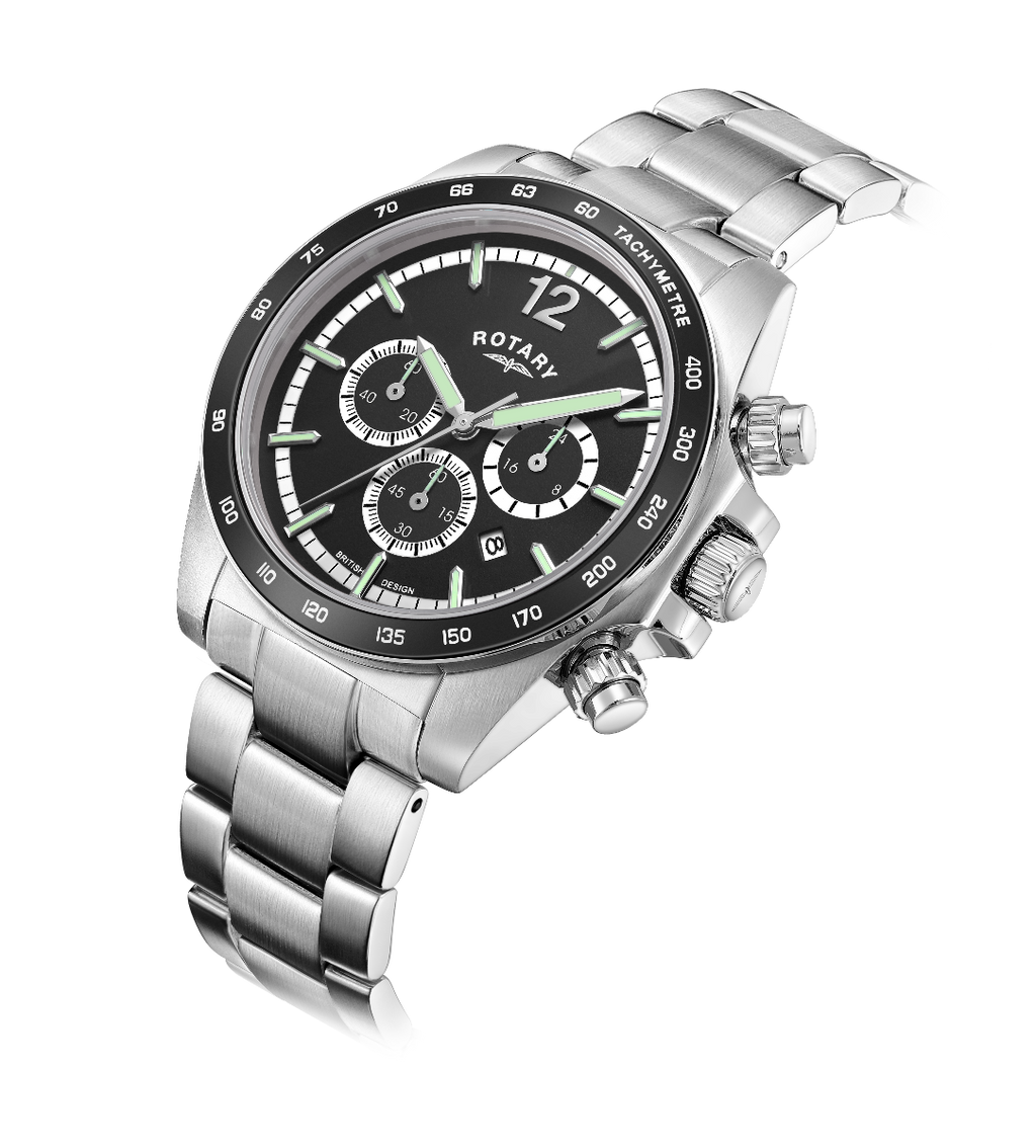 Rotary Mens Henley Chronograph Watch with Black Dial & Silver Bracelet GB05440/04