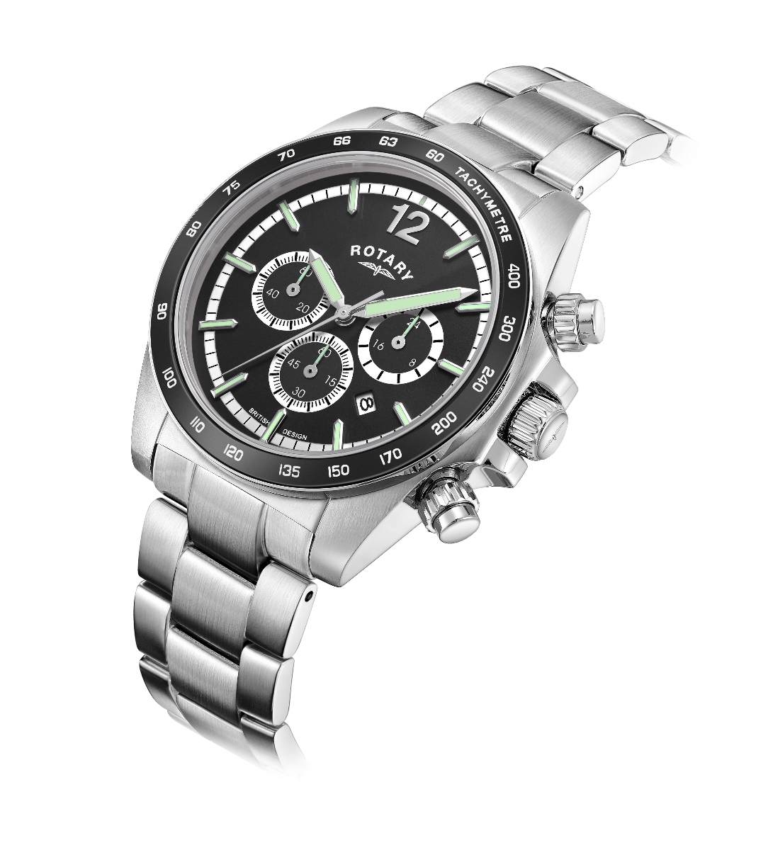 Rotary Mens Henley Chronograph Watch with Black Dial & Silver Bracelet GB05440/04
