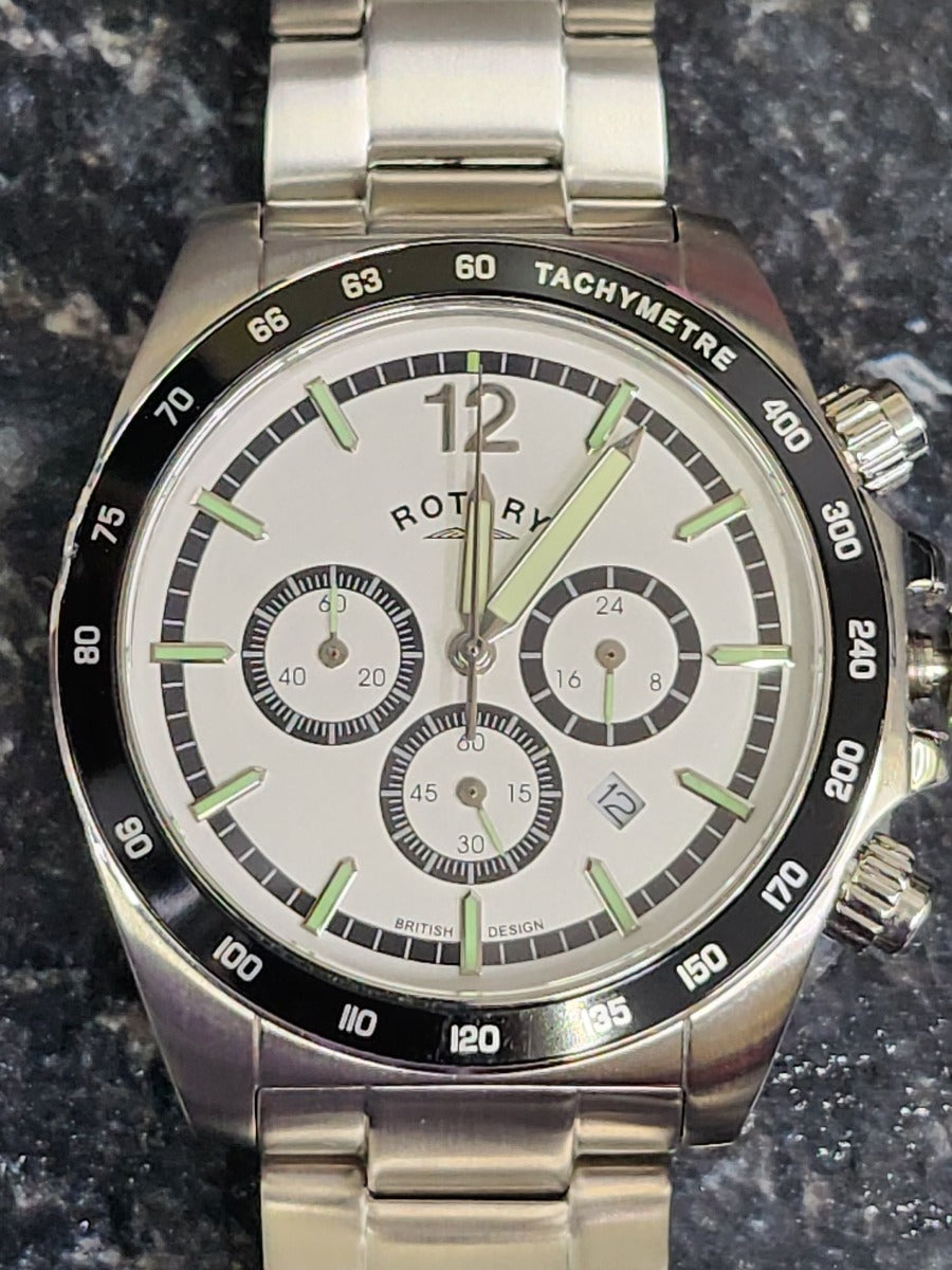 Rotary Mens Henley Chronograph Watch with White Dial & Silver Bracelet GB05440/02