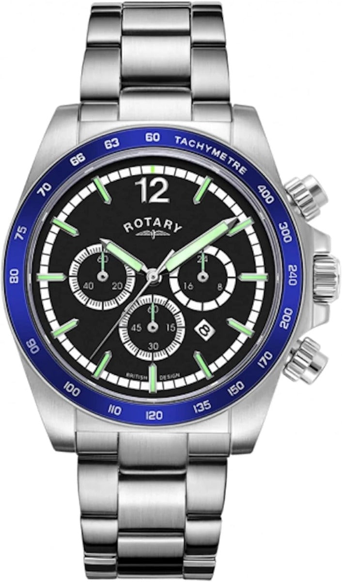 Rotary Mens Henley Chronograph Watch with Black Dial & Silver Bracelet GB05440/72